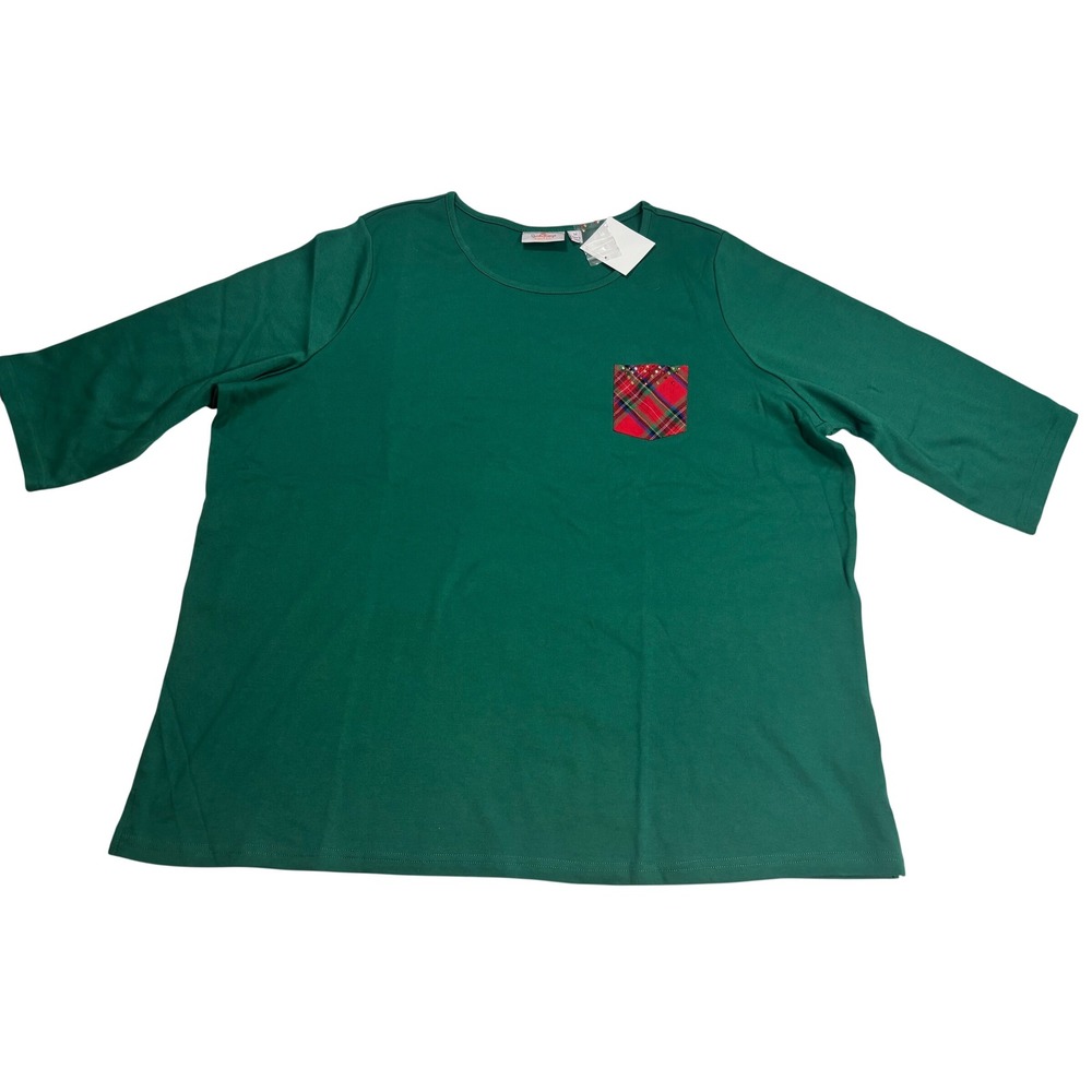 Quacker Factory Top Womens Green New Plaid Rhinestone Pocket 3X